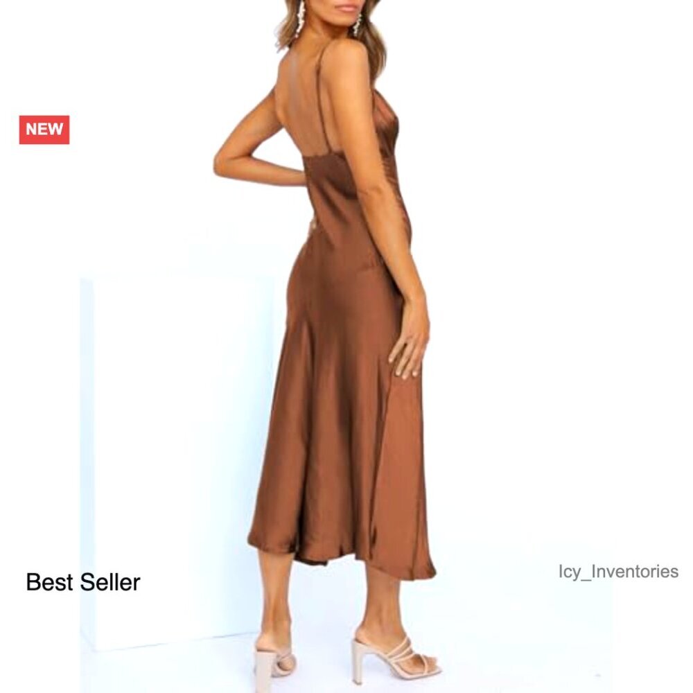 Satin Slip Midi Dress Elegant Wedding Guest Sexy Spaghetti Strap Backless - Picture 3 of 6